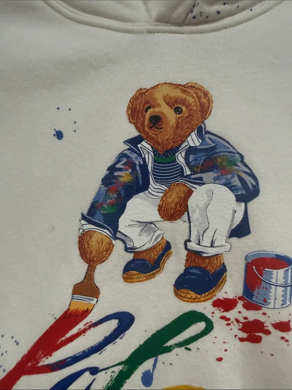 Ralph Lauren White Polo Bear Paint-Splatter Hoodie for Kids